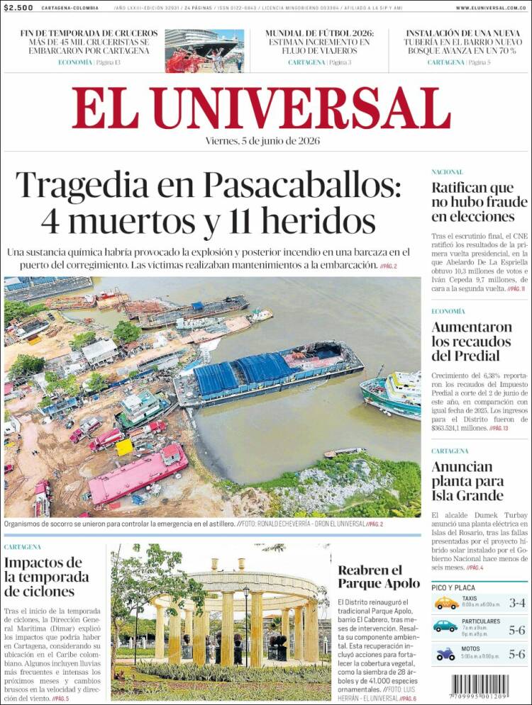 Portada de El Universal (Colombia)