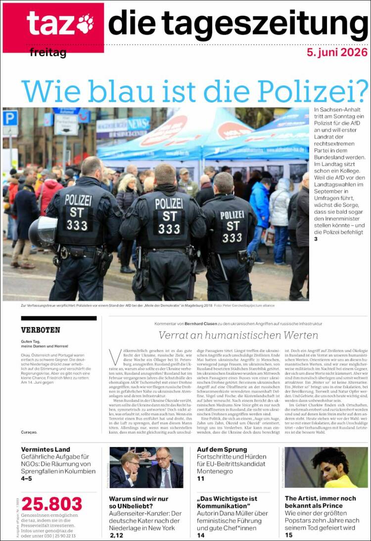 Portada de Die Tageszeitung (Alemania)