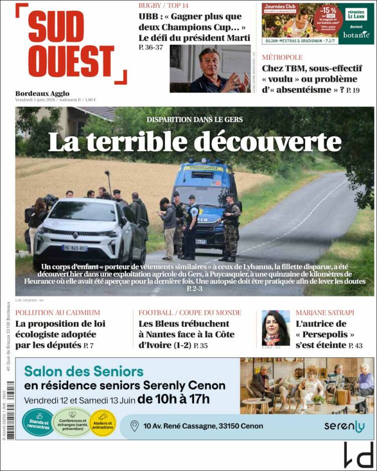 Portada de Sud Ouest (Francia)