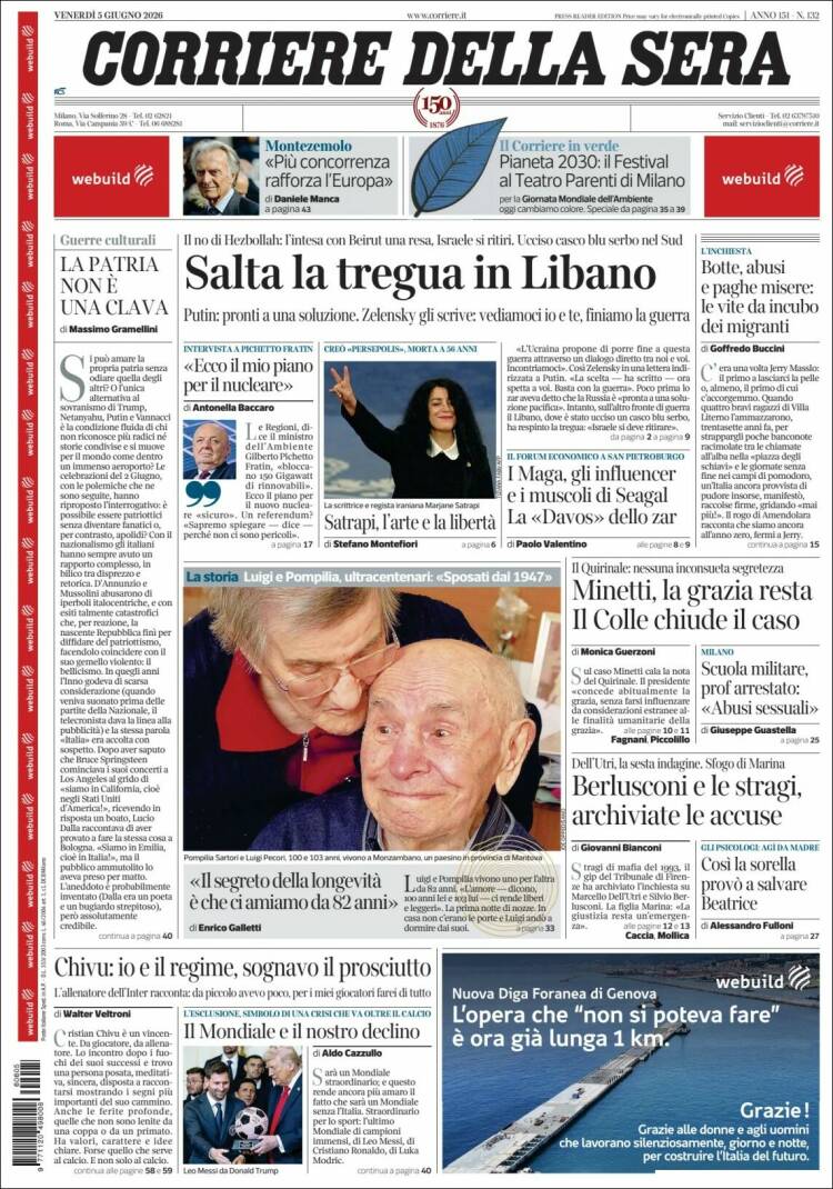 Portada de Corriere della Sera (Italia)