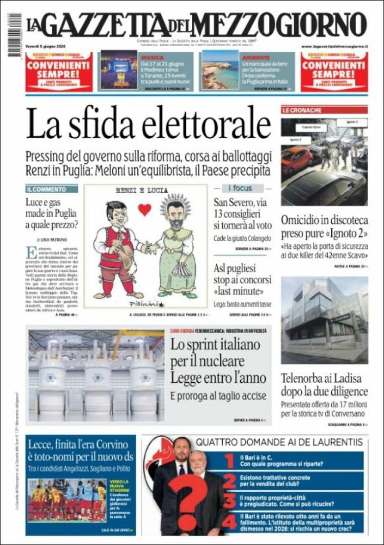 Portada de La Gazzetta del Mezzogiorno (Italia)