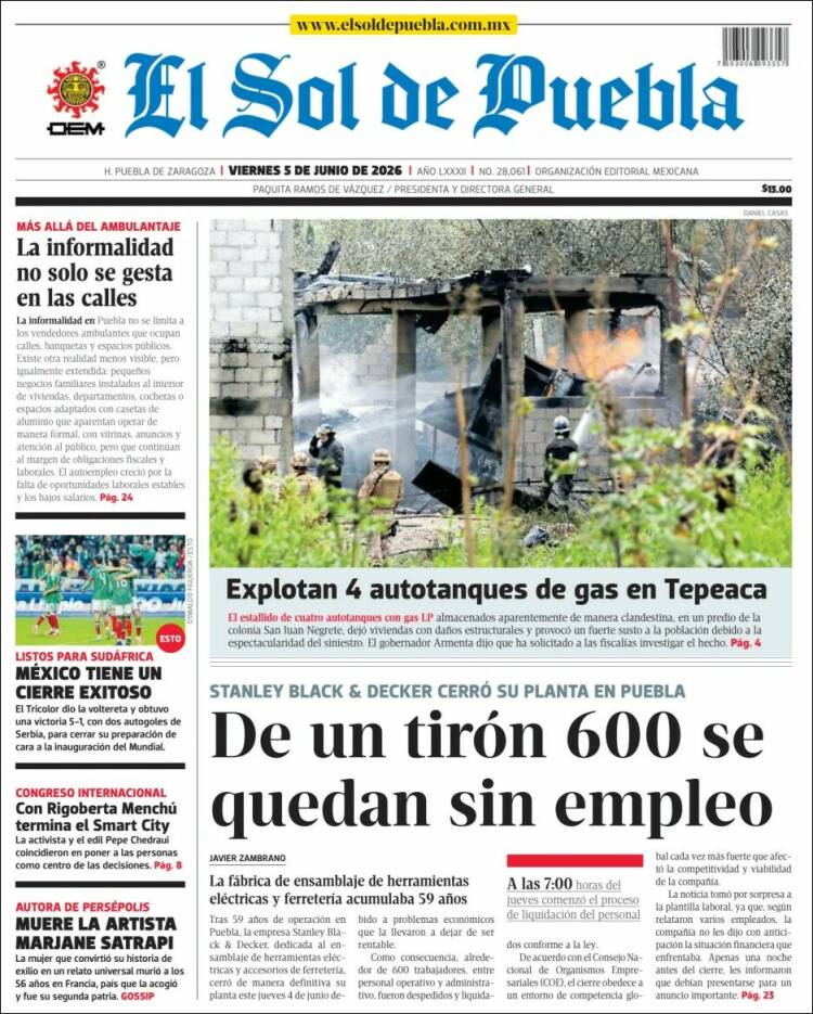 Portada de El Sol de Puebla (M&eacute;xico)
