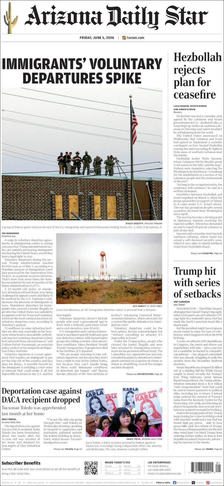 Portada de Arizona Daily Star (USA)