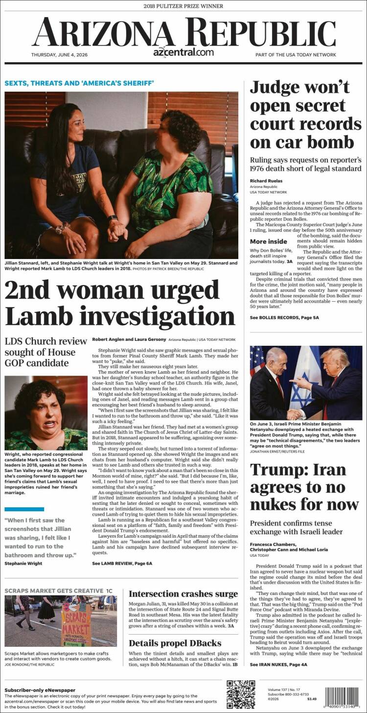 Portada de Arizona Republic News (USA)