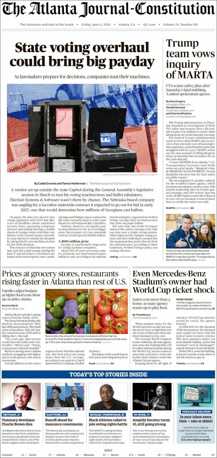 Portada de The Atlanta Journal-Constitution (USA)