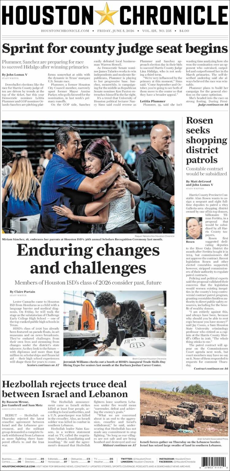 Portada de Houston Chronicle (USA)