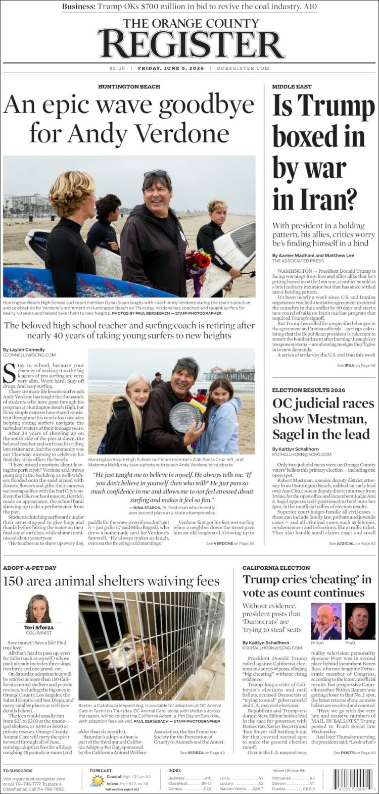 Portada de The Orange County Register (USA)