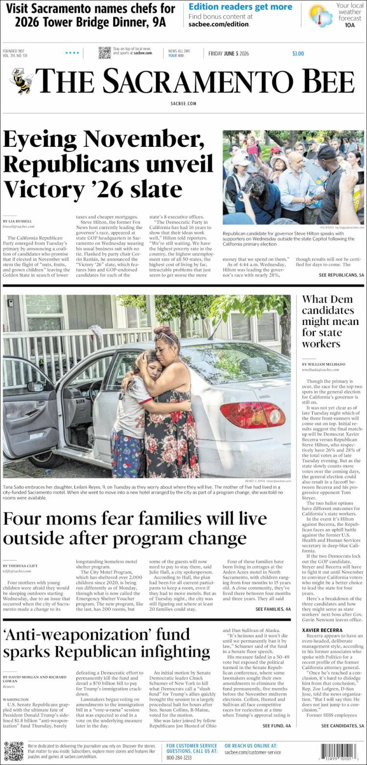 Portada de The Sacramento Bee (USA)