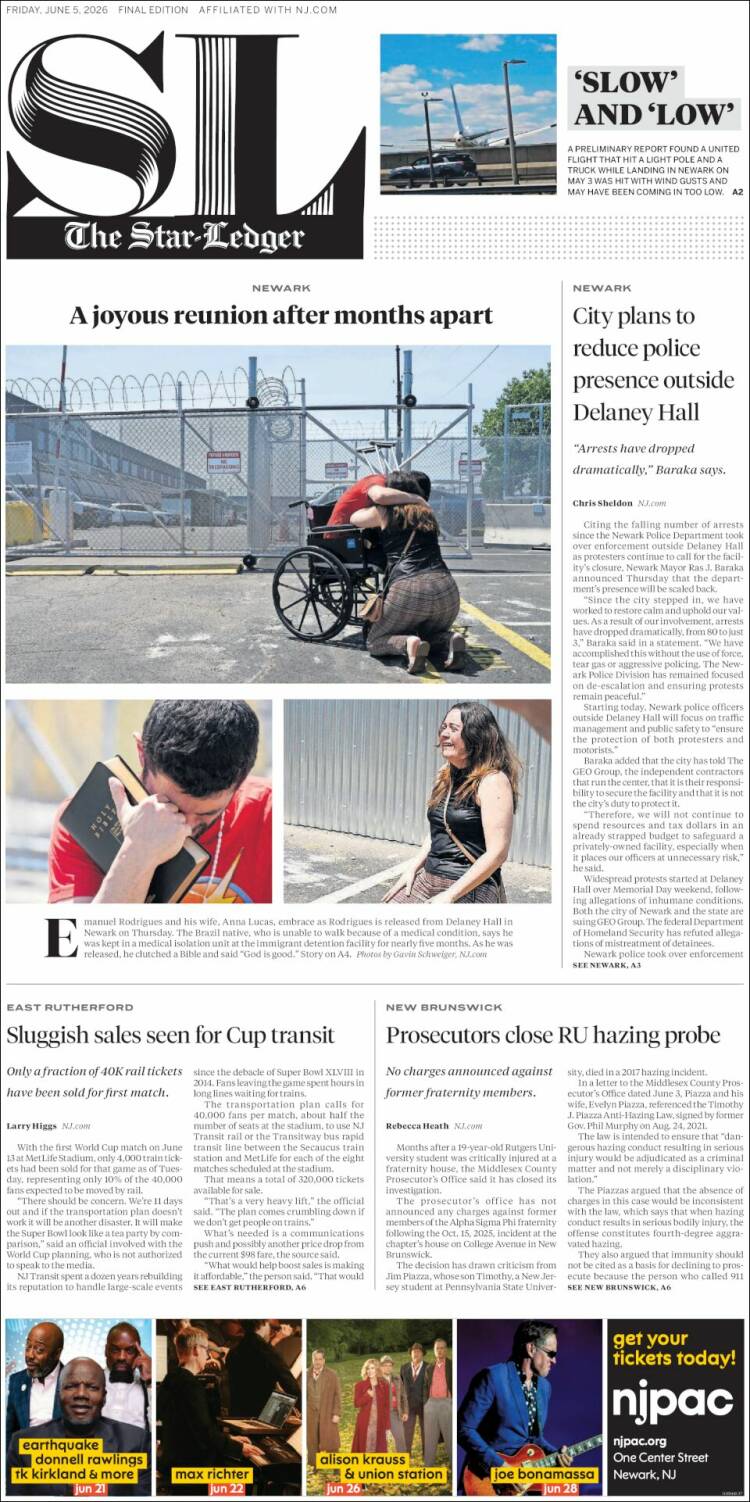 Portada de Star-Ledger (USA)