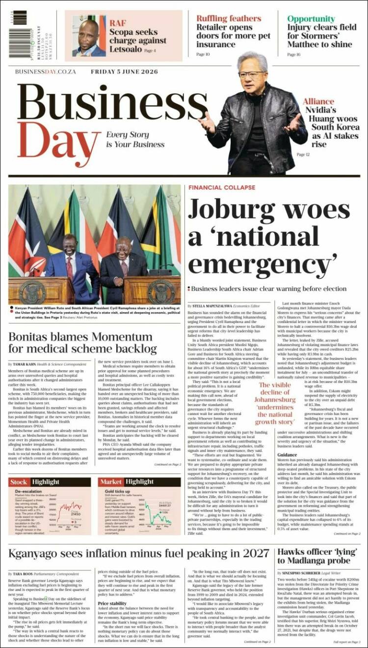 Portada de Business Day (Sud&aacute;frica)