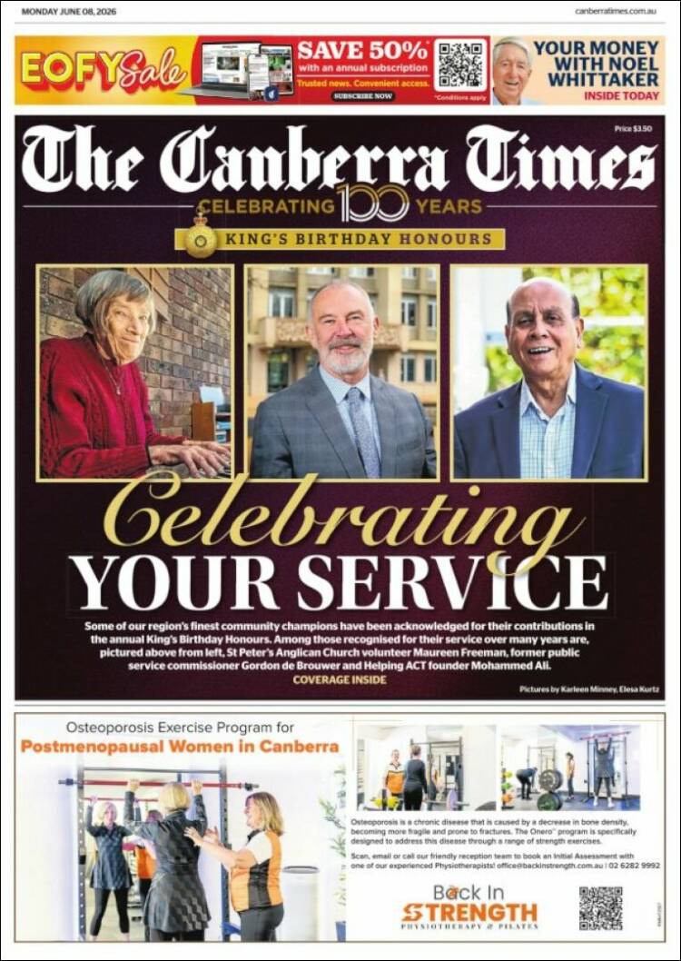 Portada de The Canberra Times (Australia)