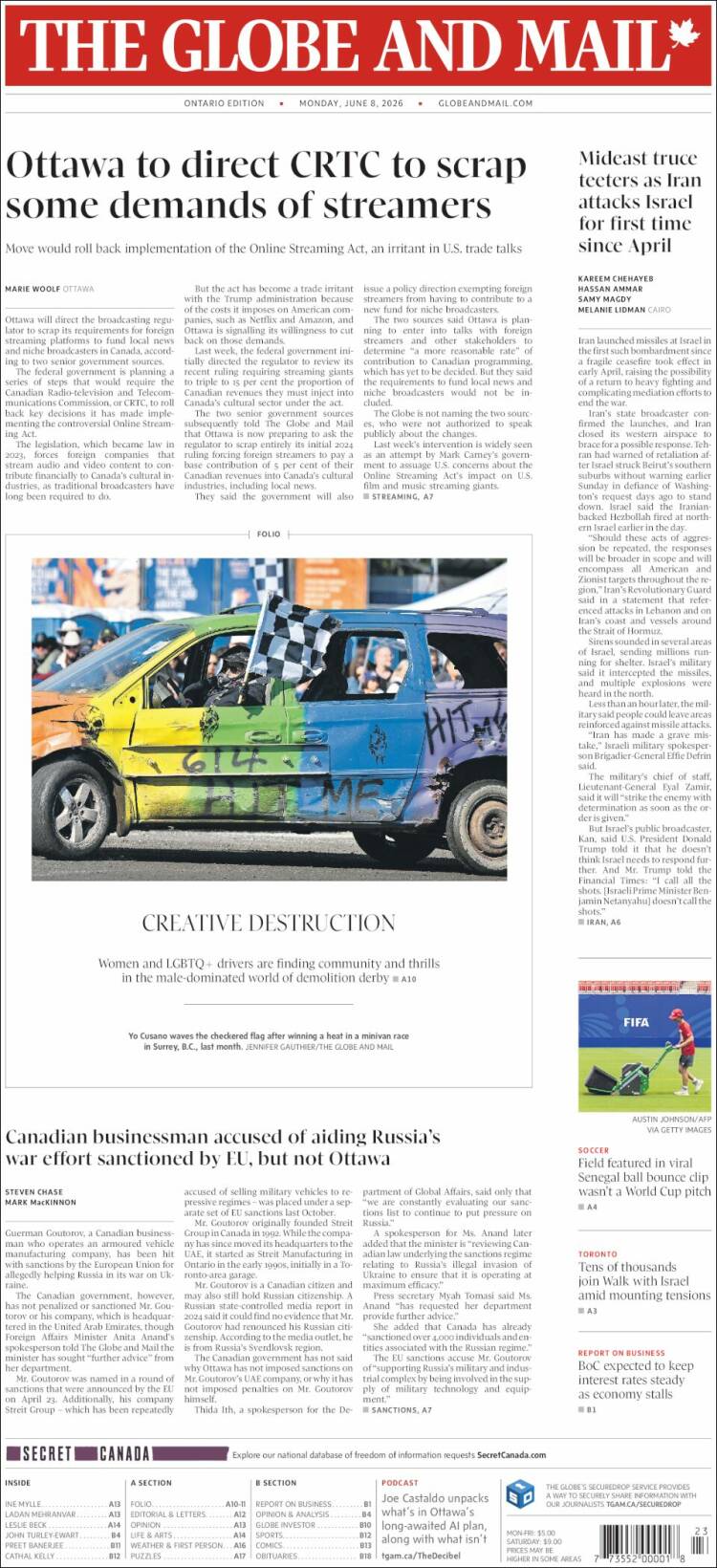 Portada de The Globe and Mail (Canad&aacute;)