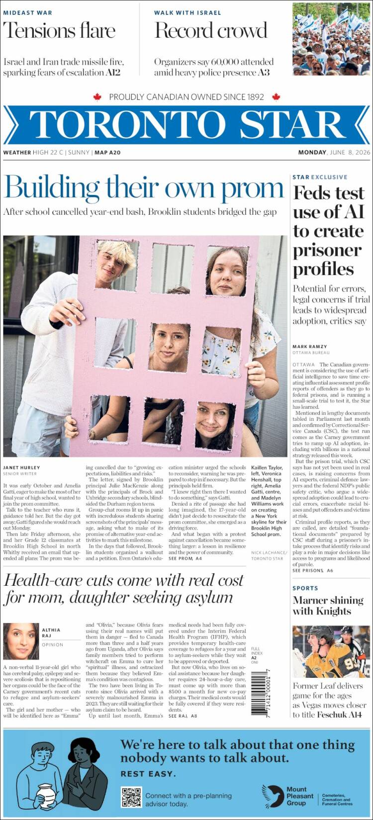 Portada de The Toronto Star (Canad&aacute;)
