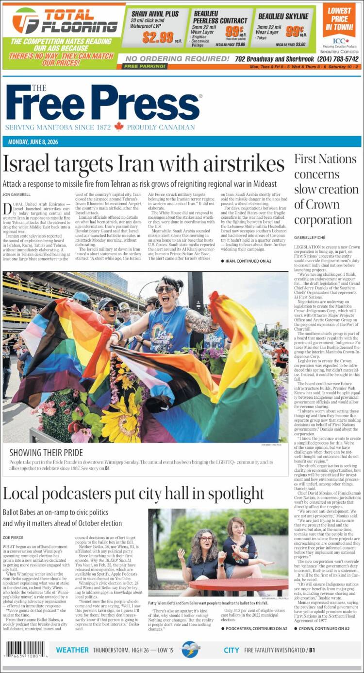 Portada de Winnipeg Free Press (Canad&aacute;)