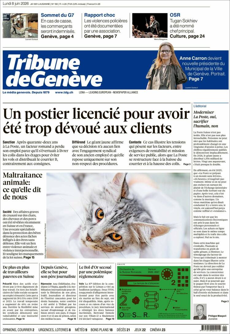Portada de La Tribune de Genève (Suiza)