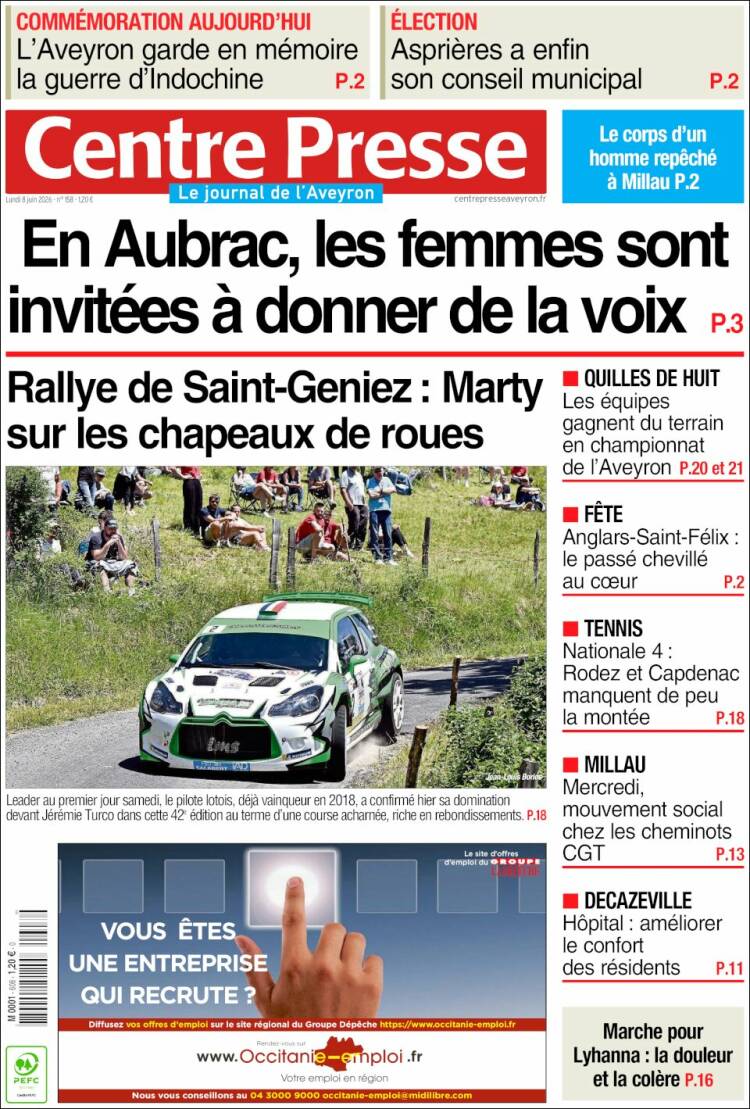 Portada de Centre Presse (Francia)