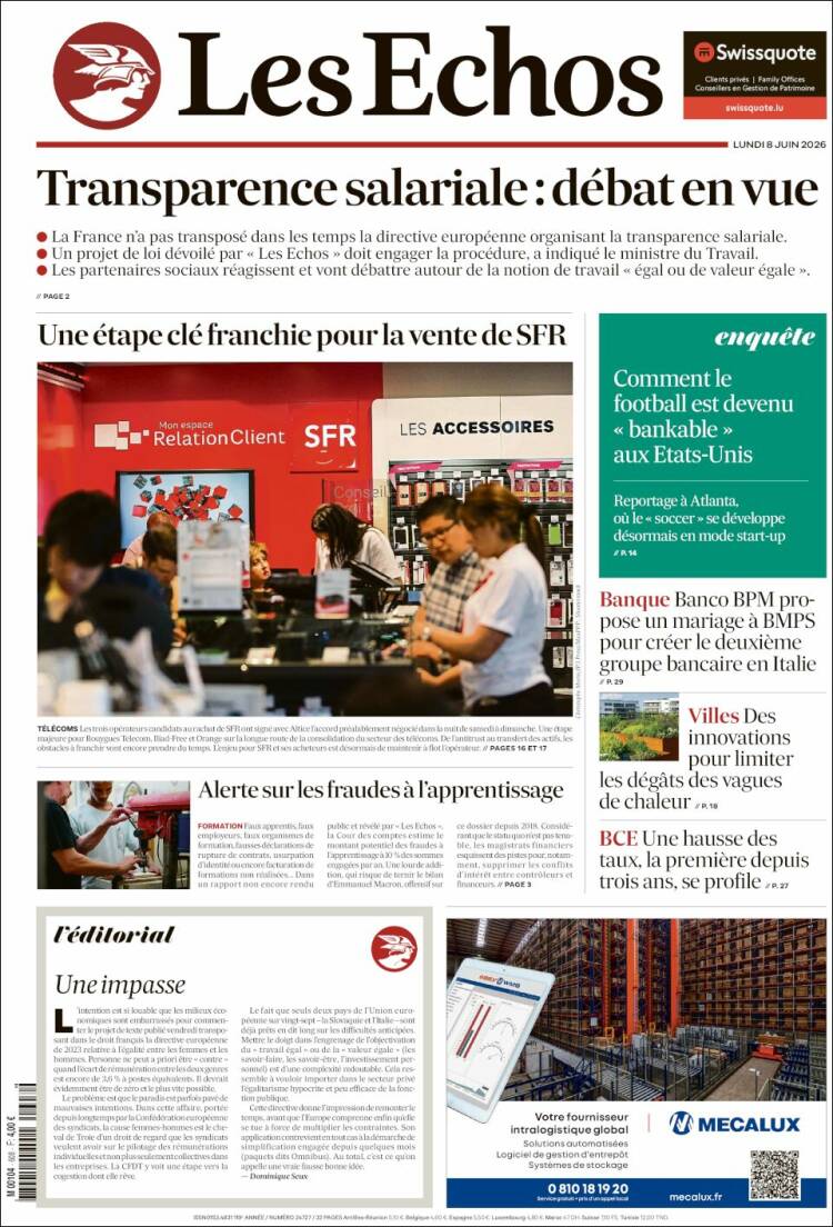 Portada de Les Echos (Francia)