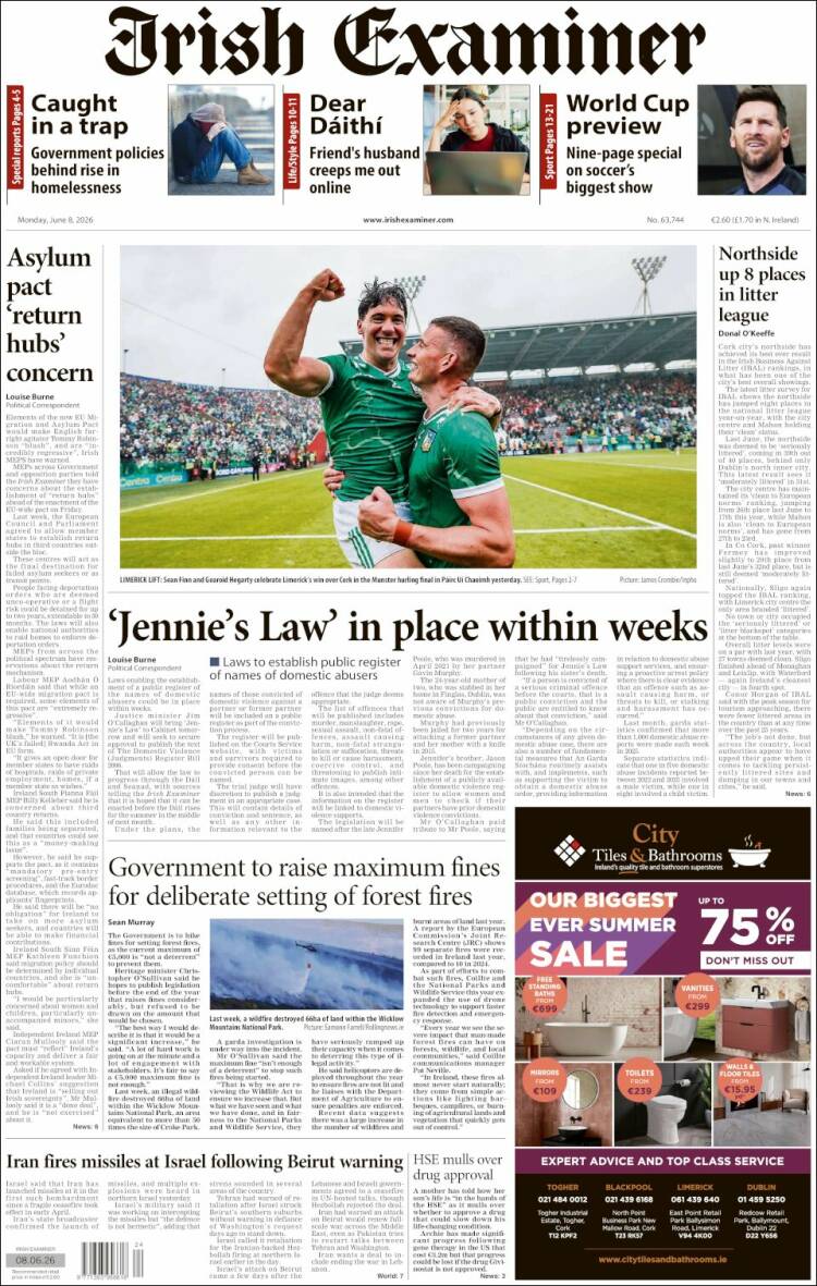 Portada de Irish Examiner (Irlanda)