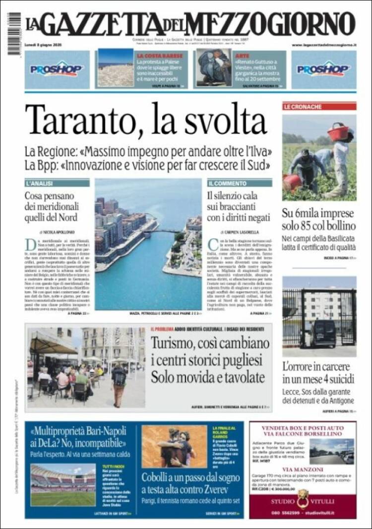Portada de La Gazzetta del Mezzogiorno (Italia)