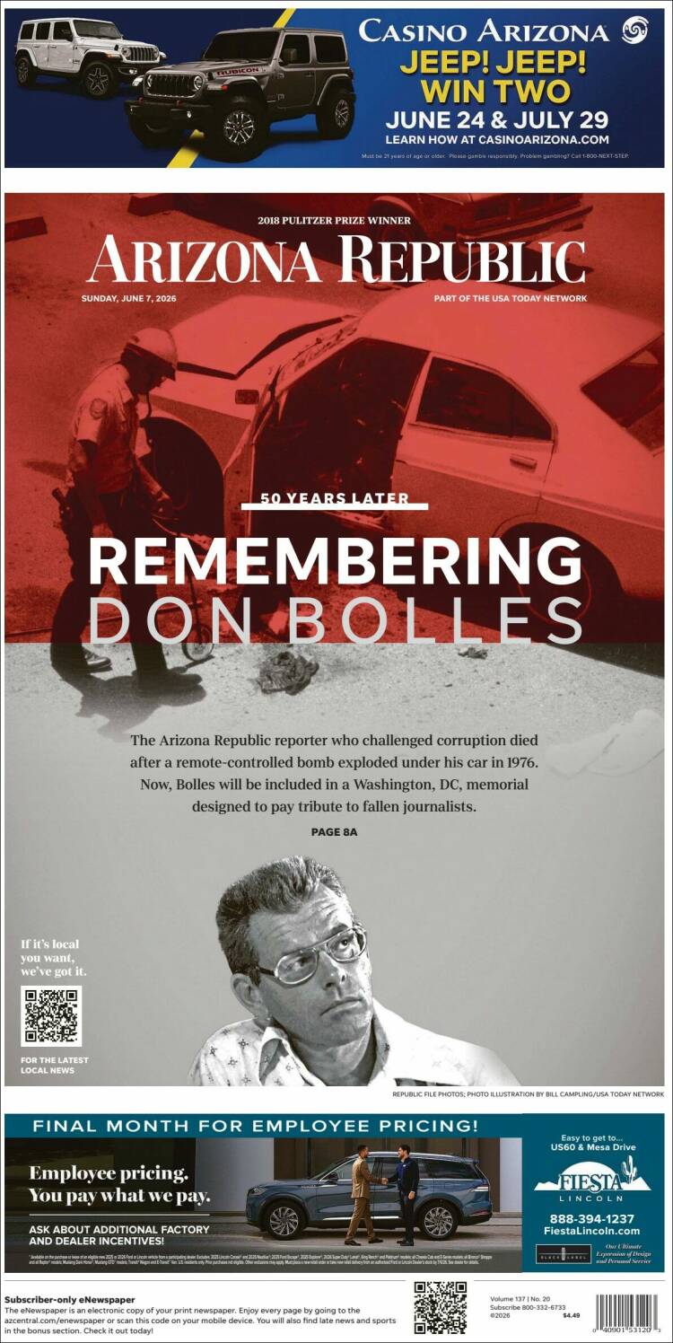 Portada de Arizona Republic News (USA)