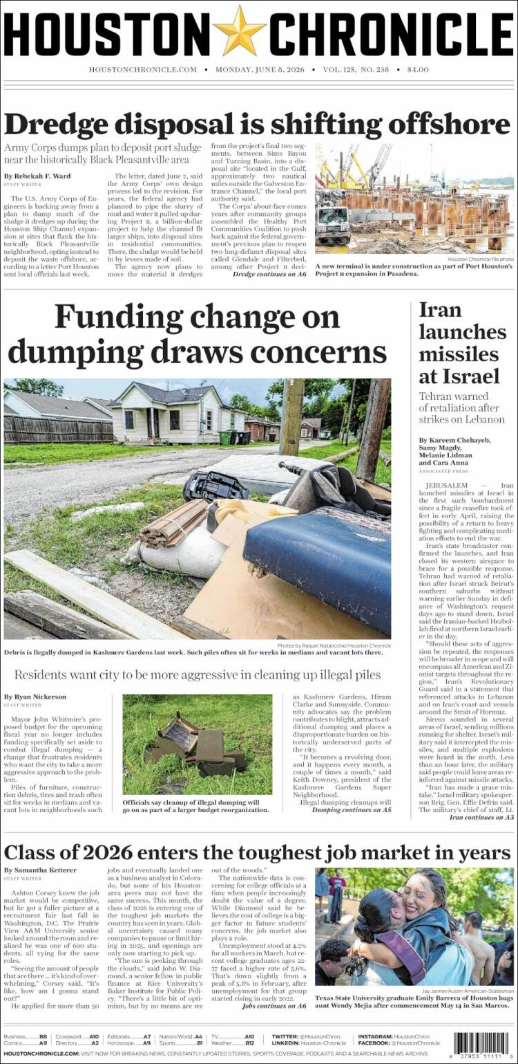 Portada de Houston Chronicle (USA)