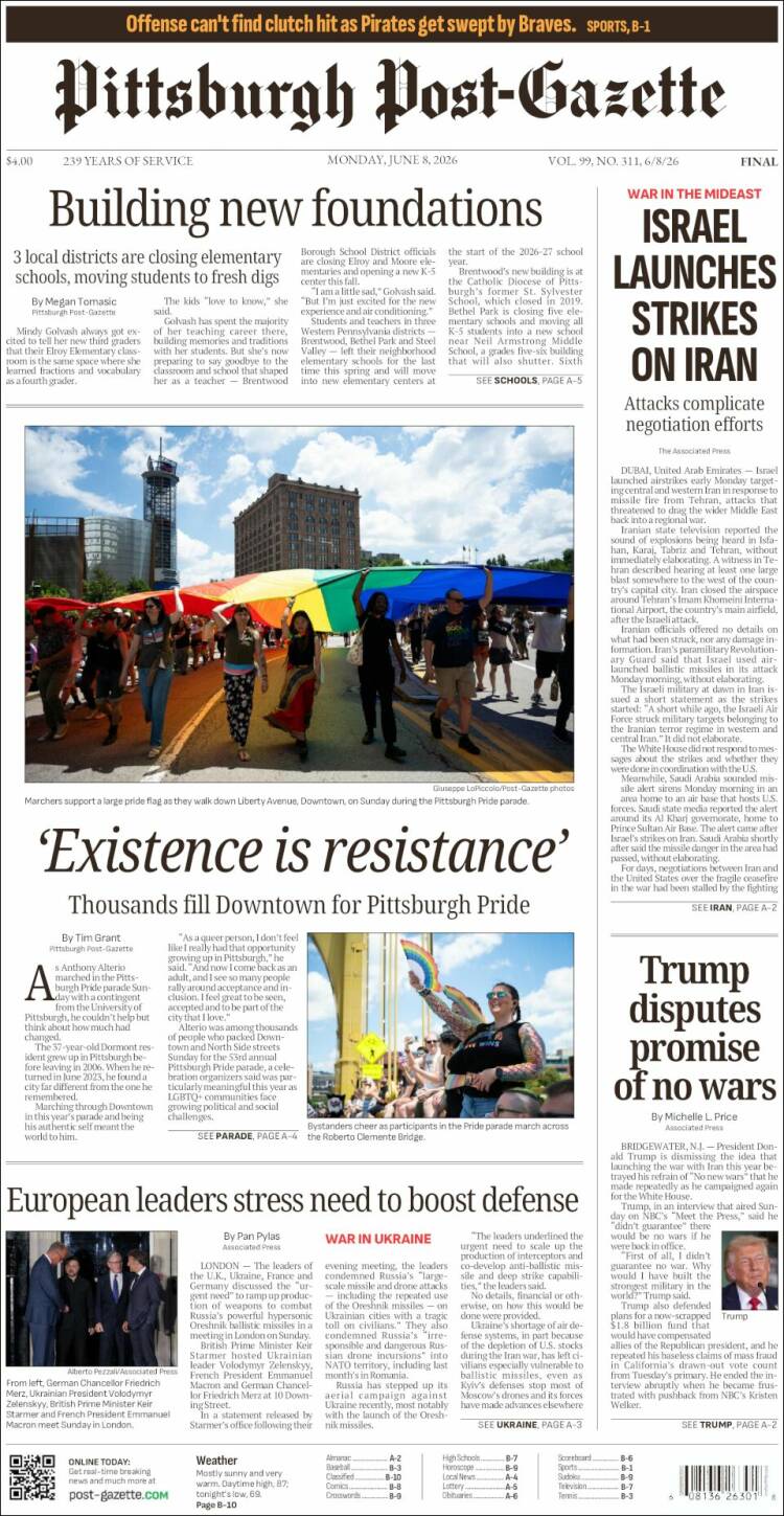 Portada de Pittsburgh Post-Gazette (USA)