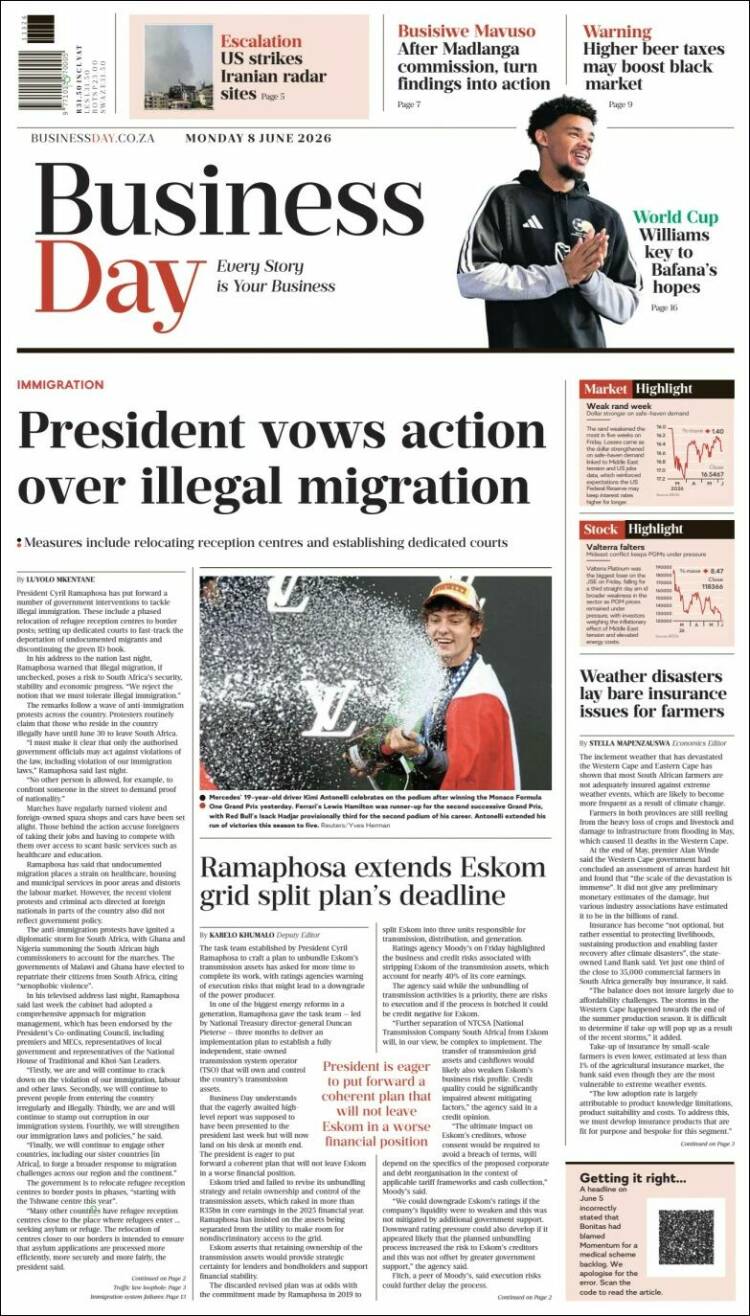 Portada de Business Day (Sud&aacute;frica)