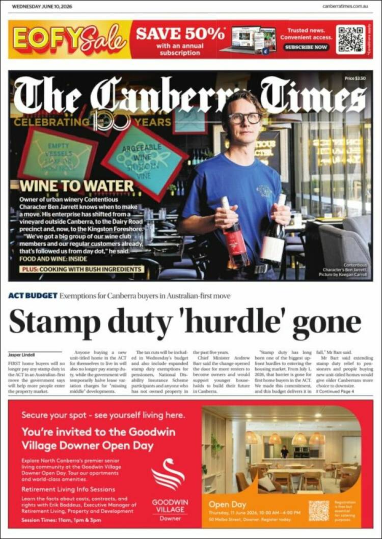 Portada de The Canberra Times (Australia)