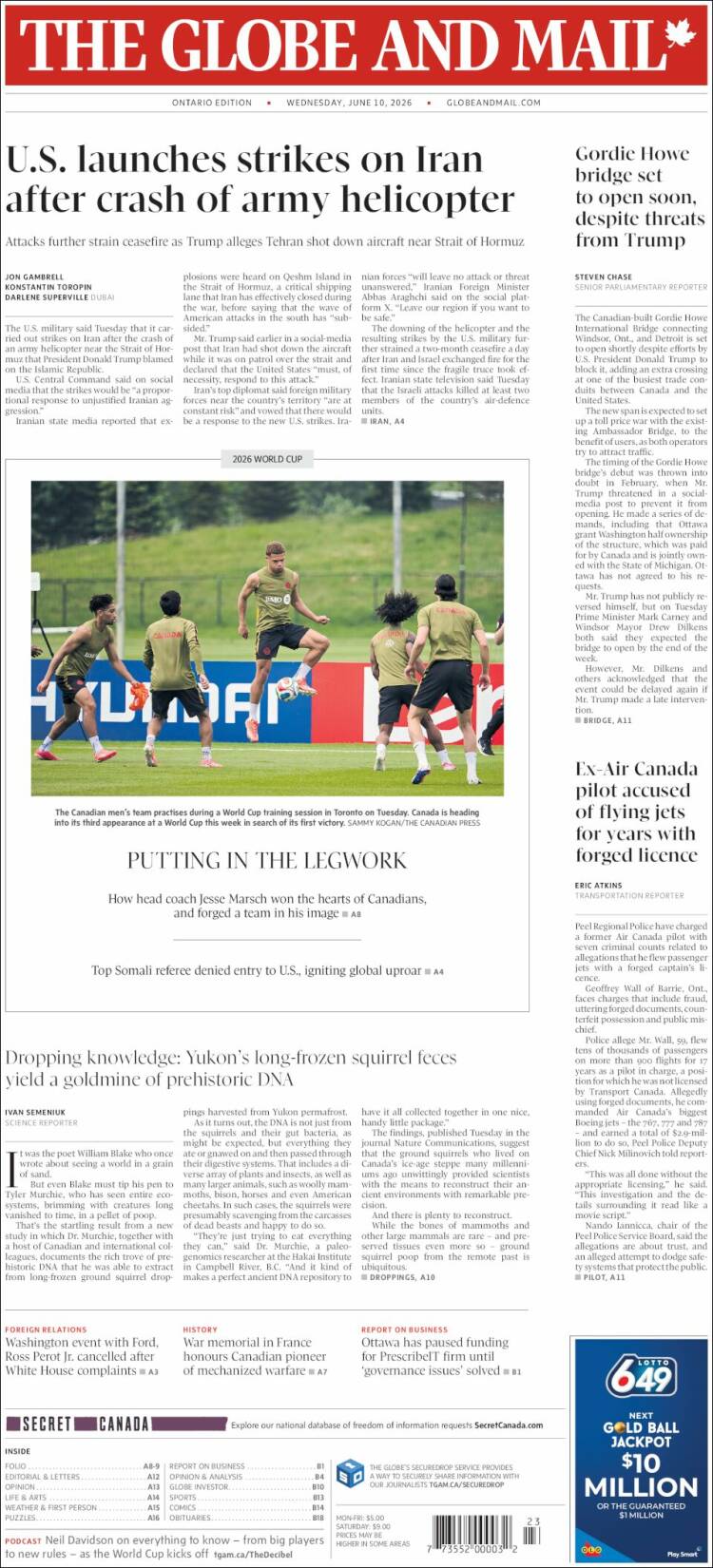 Portada de The Globe and Mail (Canad&aacute;)