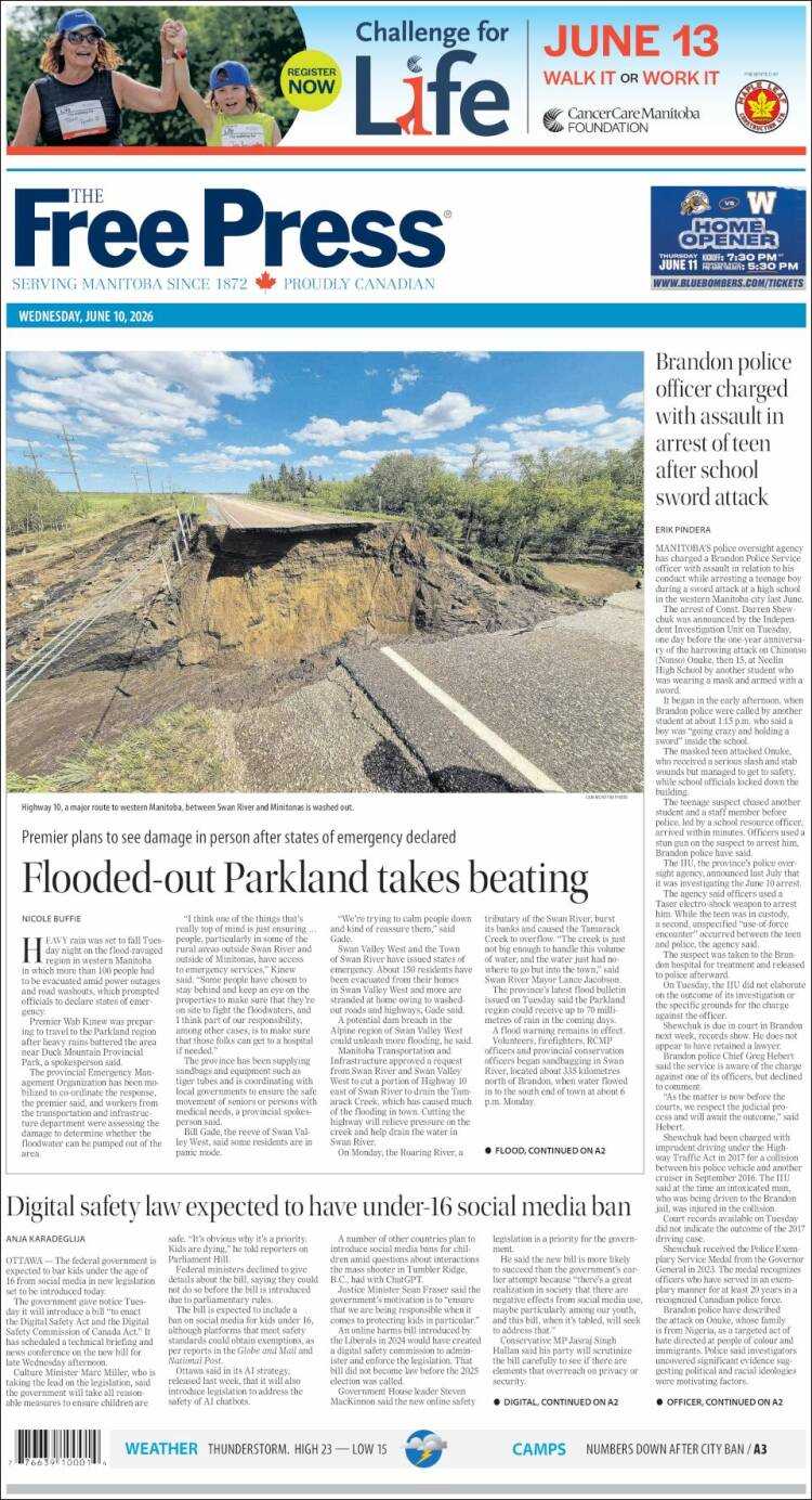 Portada de Winnipeg Free Press (Canad&aacute;)