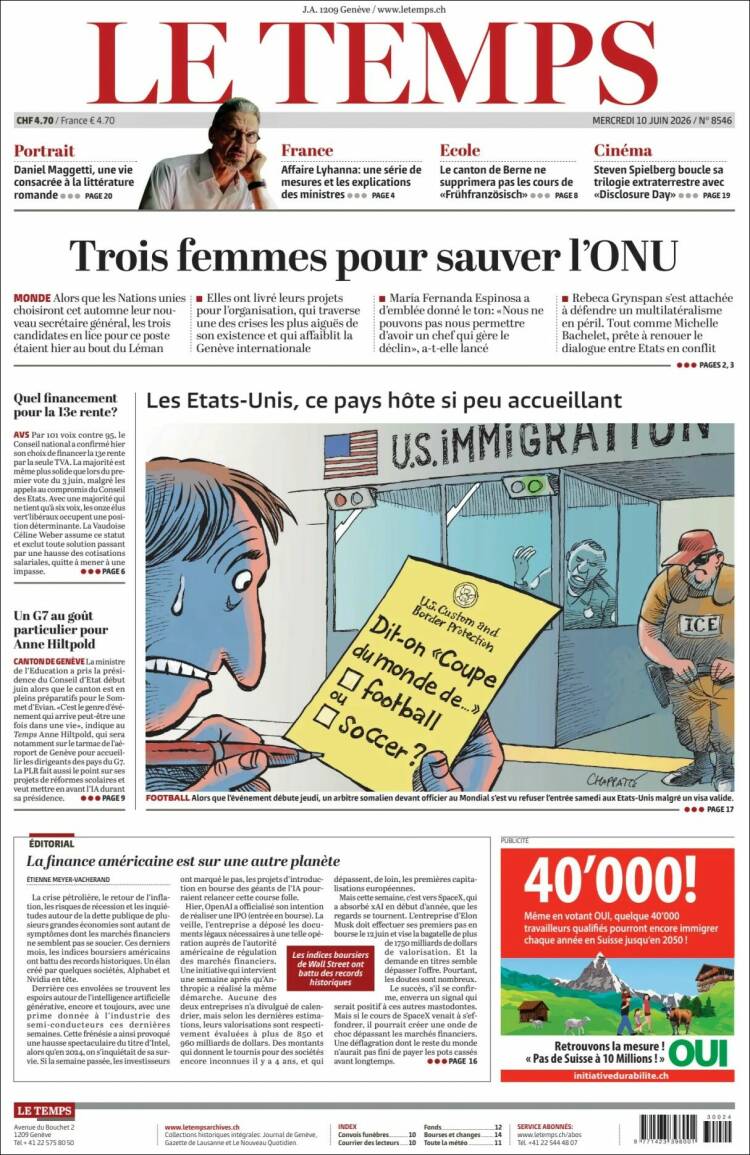 Portada de Le Matin (Suiza)
