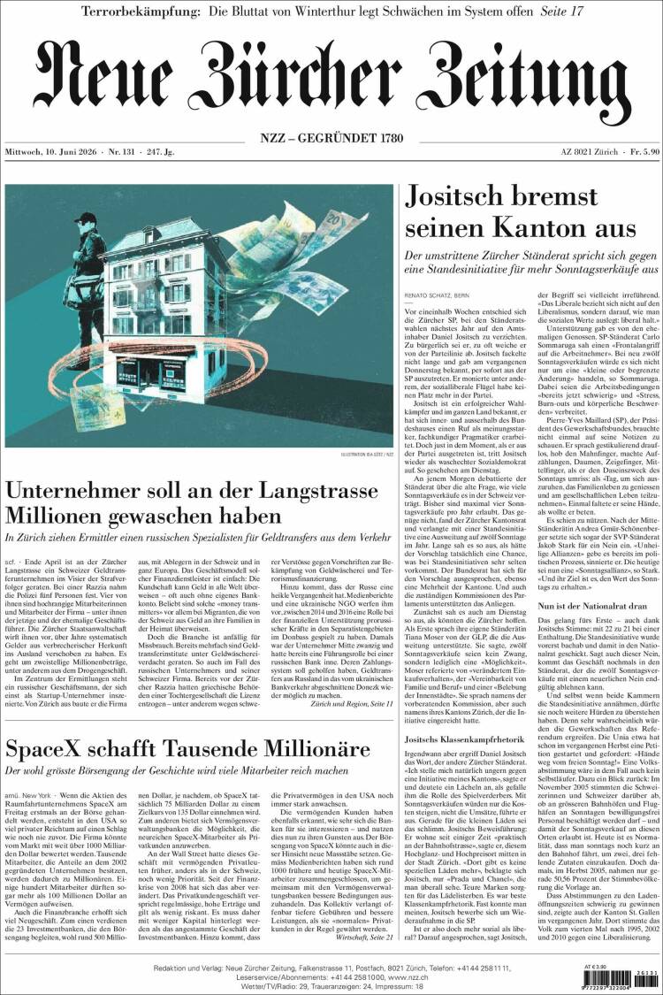 Portada de Neue Zürcher Zeitung (Suiza)