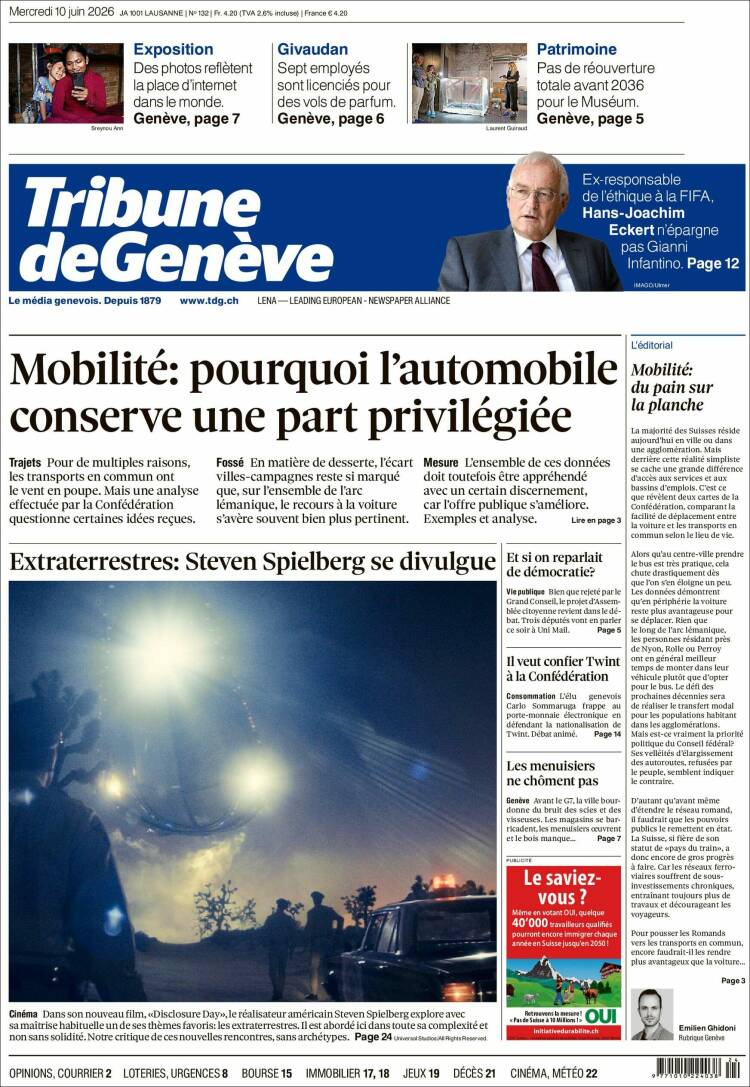 Portada de La Tribune de Genève (Suiza)