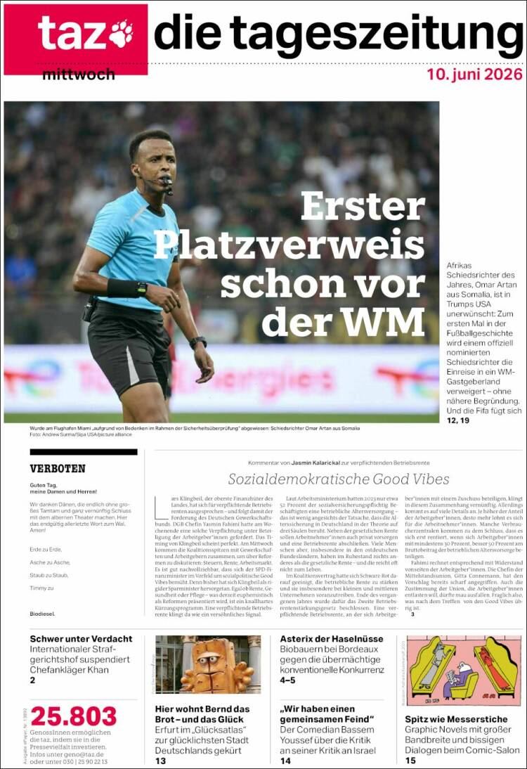 Portada de Die Tageszeitung (Alemania)