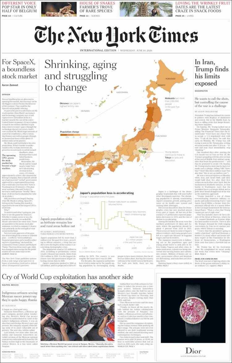 Portada de International New York Times (Europa)