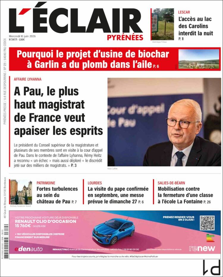 Portada de L'Eclair des Pyrénées (Francia)