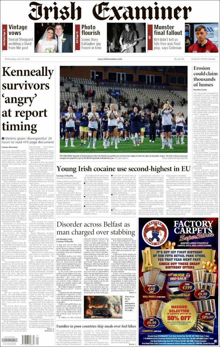 Portada de Irish Examiner (Irlanda)