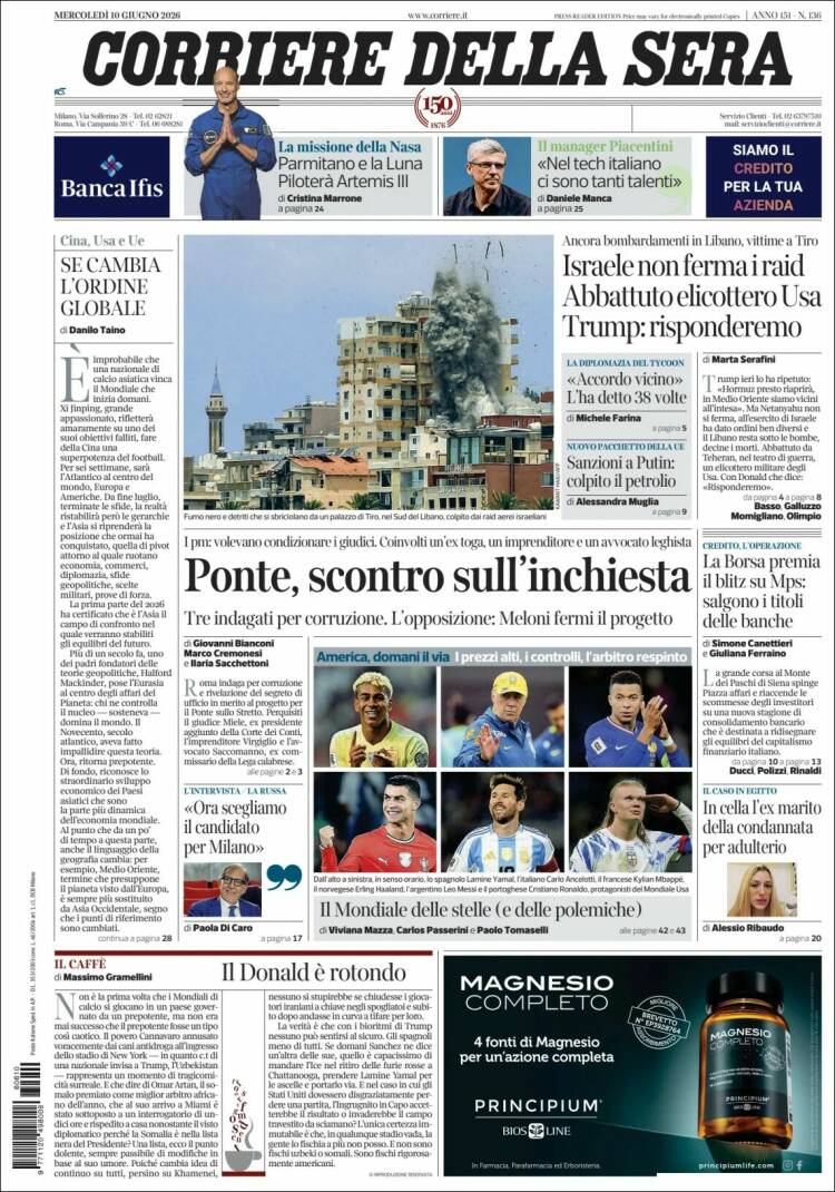 Portada de Corriere della Sera (Italia)