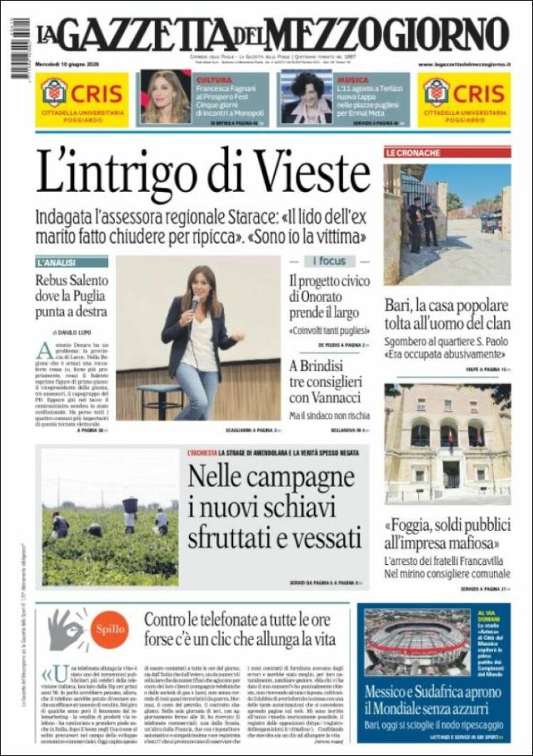 Portada de La Gazzetta del Mezzogiorno (Italia)
