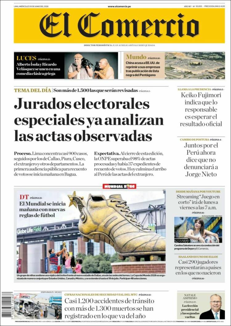 Portada de El Comercio (Per&uacute;)