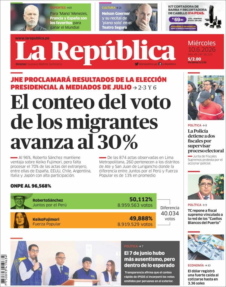 Portada de La Republica (Per&uacute;)