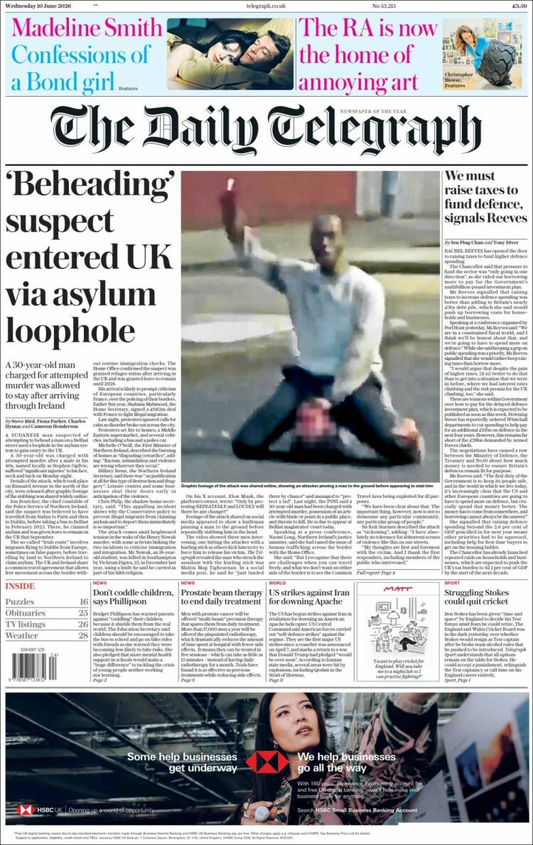 Portada de Daily Telegraph (Reino Unido)