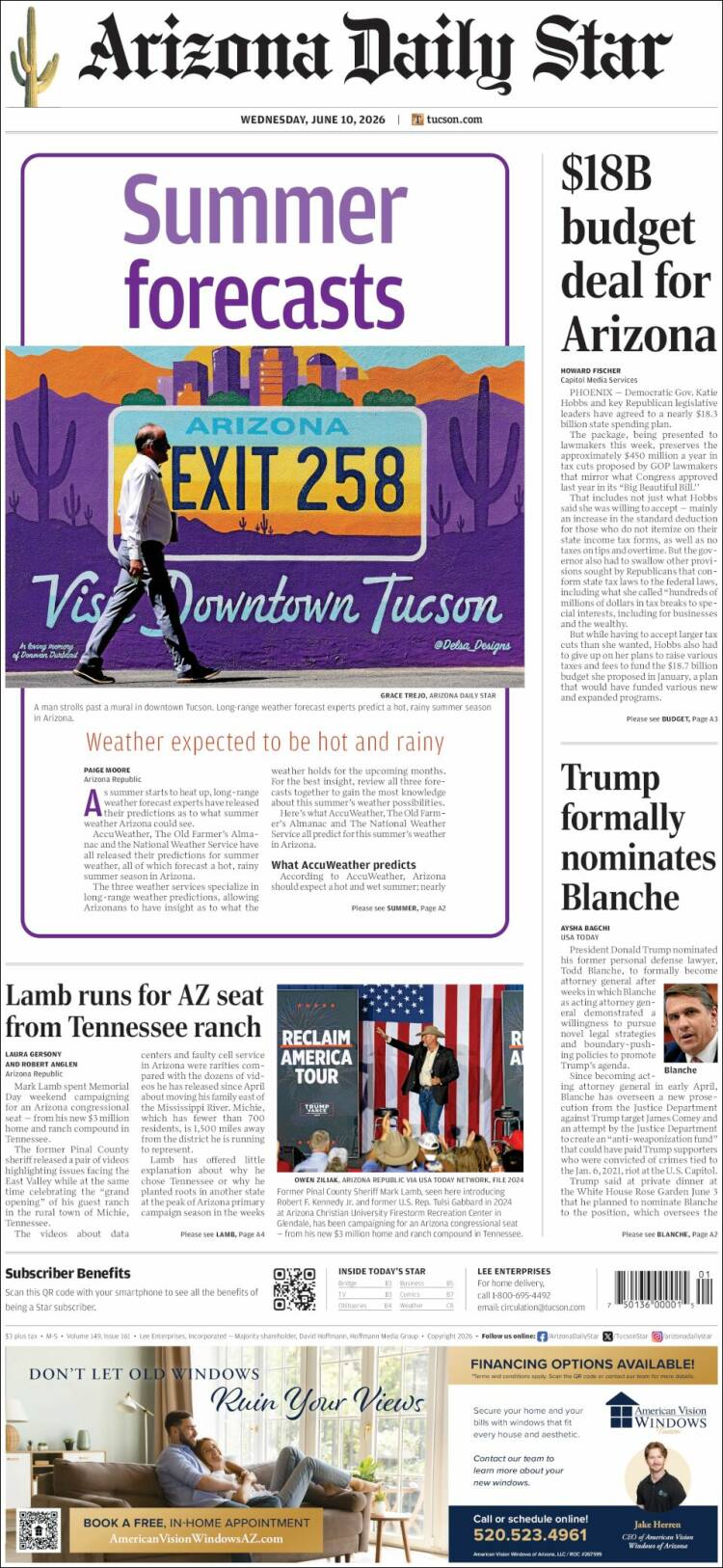 Portada de Arizona Daily Star (USA)
