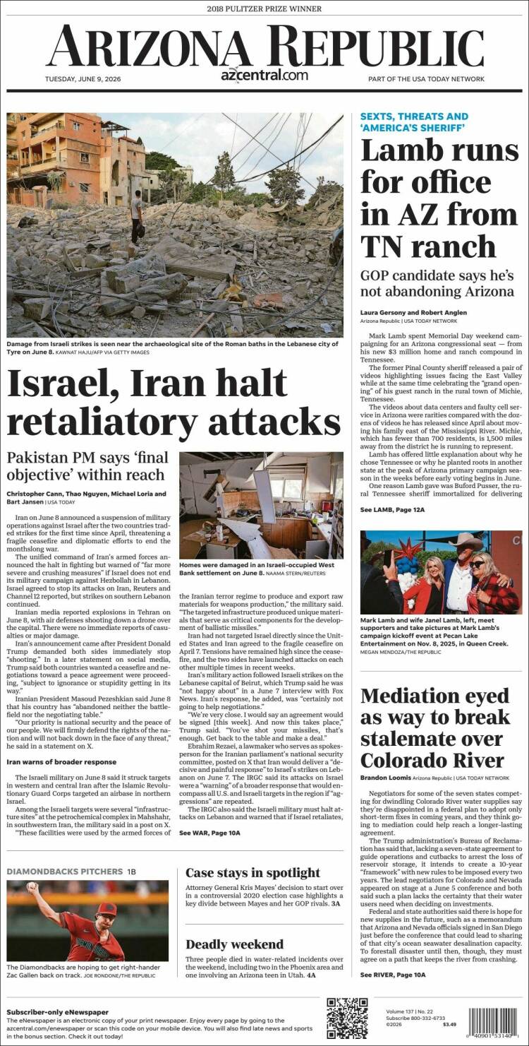 Portada de Arizona Republic News (USA)