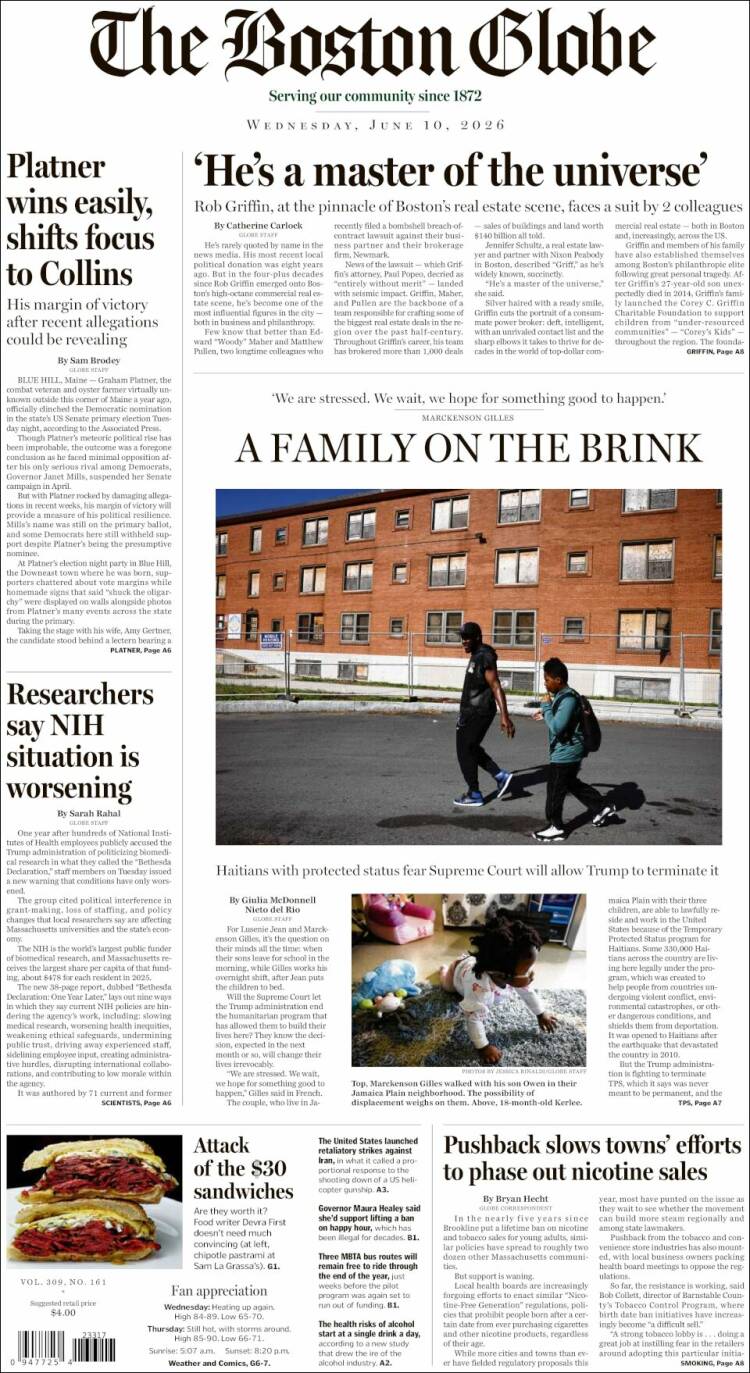 Portada de Boston Globe (USA)