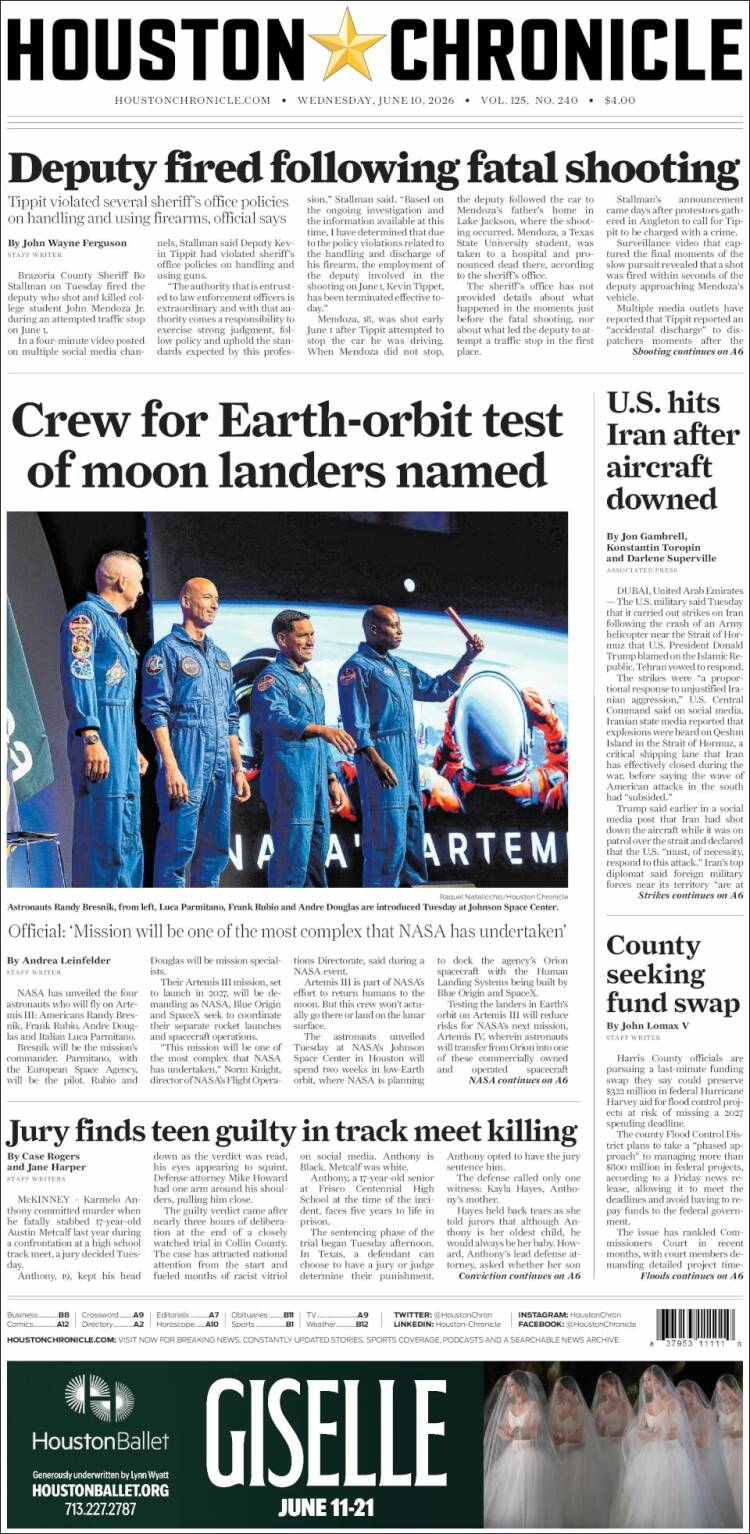 Portada de Houston Chronicle (USA)