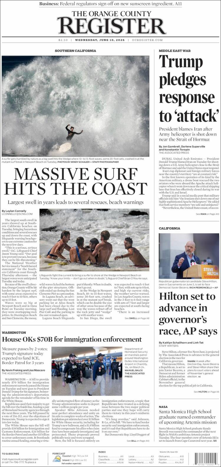 Portada de The Orange County Register (USA)