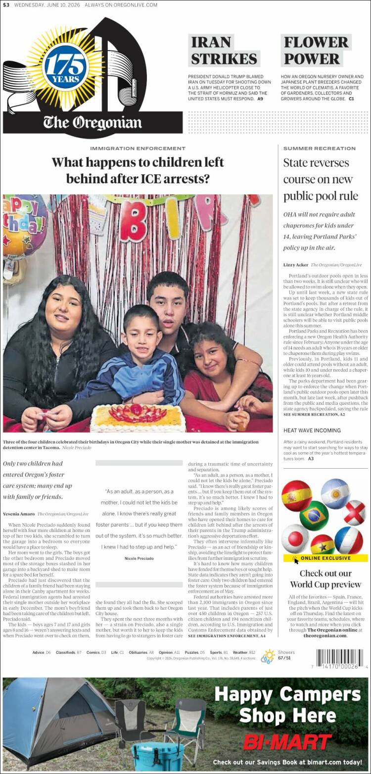 Portada de The Oregonian (USA)