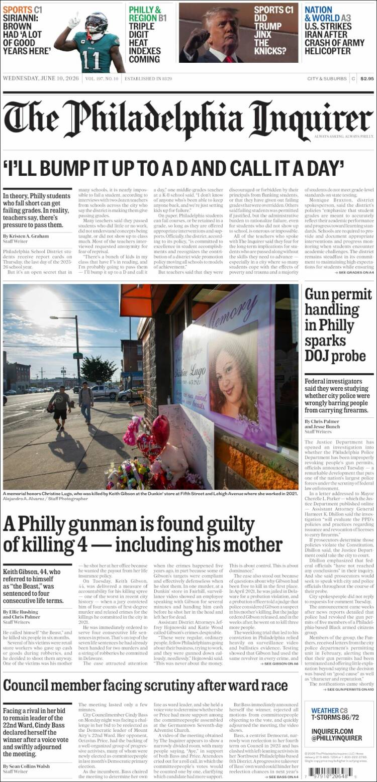 Portada de Philadelphia Inquirer (USA)