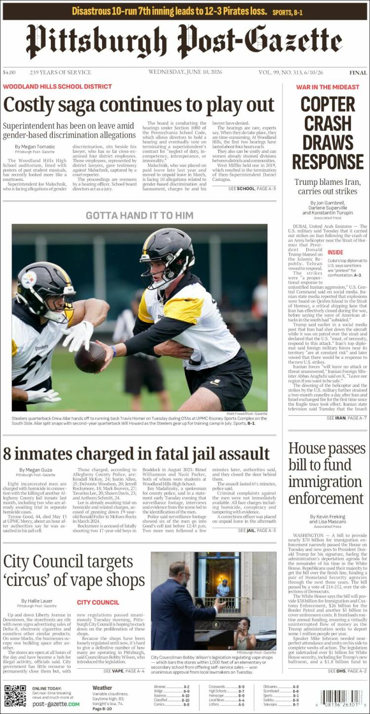 Portada de Pittsburgh Post-Gazette (USA)